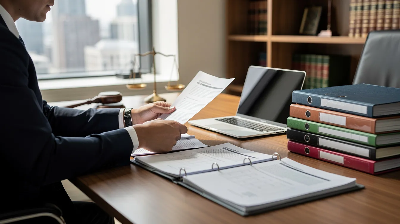 A professional lawyer is seated at a desk in an office, reviewing legal documents related to construction contracts and disputes, with a laptop and organized legal files in view. This scene reflects the meticulous work involved in managing construction law and ensuring compliance with contractual requirements for clients and subcontractors.