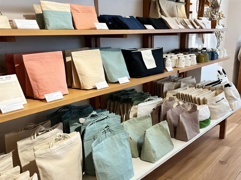 A display of neatly organized muslin bags and pouches in various pastel and neutral colors on wooden shelves in a store.
