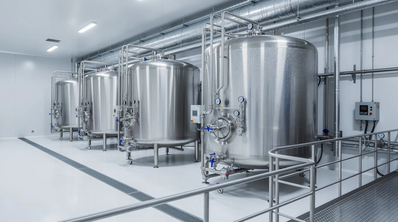 1a8f58e4 f192 47bd a1bd e98656bc4f21 The image depicts stainless steel fermentation tanks inside a modern dairy processing hall, designed for hygienic and efficient production of lassi and other fermented dairy products. This setup highlights the advanced dairy equipment used to ensure product quality and consistency in the lassi processing plant.