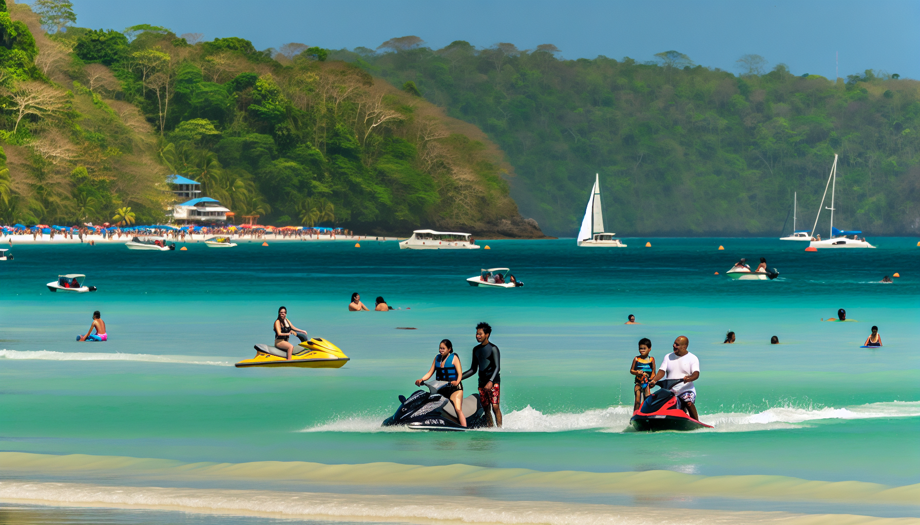 Family enjoying water sports at Playa Panama with boats and clear blue waters