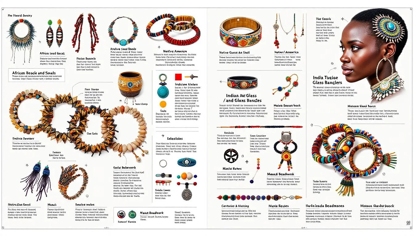 The image showcases a stunning collection of beaded jewellery, including intricately designed beaded necklaces, bracelets, and earrings, all crafted with a variety of colourful beads such as turquoise and pearls. This fine jewellery collection reflects the rich history and cultural significance of bead jewellery, making it a perfect gift for any occasion.