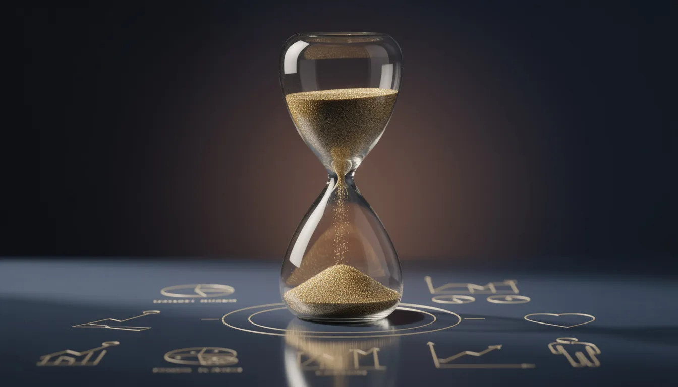 The image features an hourglass with sand flowing from the top chamber to the bottom, symbolizing the passage of time and the importance of longevity planning in financial strategies like retirement accounts and annuity income. This visual metaphor highlights the need for careful planning to ensure a secure financial future, including understanding required minimum distributions (RMDs) and the benefits of deferred income annuities.