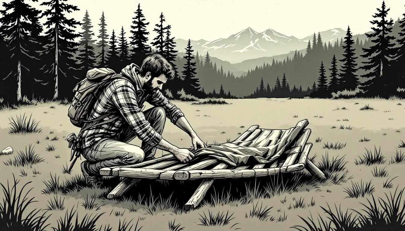An illustration of a user setting up a camping cot easily in a campsite.