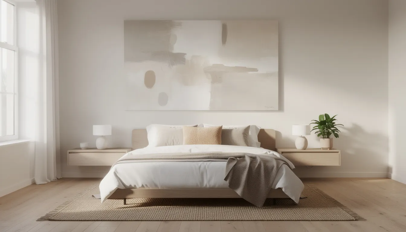 Een serene slaapkamer met een groot abstract schilderij in zachte neutrale tinten boven het bed, dat bijdraagt aan de stijlvolle muurdecoratie. De ruimte heeft een warme uitstraling en creëert een sfeervolle omgeving voor ontspanning.