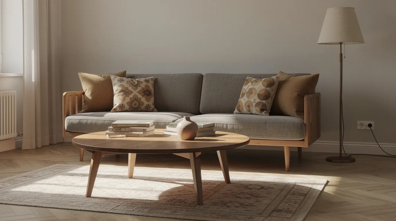 I ett retroinspirerat vardagsrum finns ett runt soffbord i varm ek, omgiven av mönstrade kuddar och en stilren golvlampa. Rummet kombinerar olika material och färger för att skapa en inbjudande och hemtrevlig atmosfär.