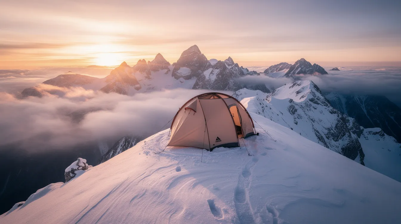 A dome-shaped insulated tent stands resiliently on a snow-covered mountain ridge at sunrise, showcasing its ability to withstand extreme weather conditions. This four-season camping tent features a built-in stove jack for warmth, making it ideal for winter camping adventures in the great outdoors.