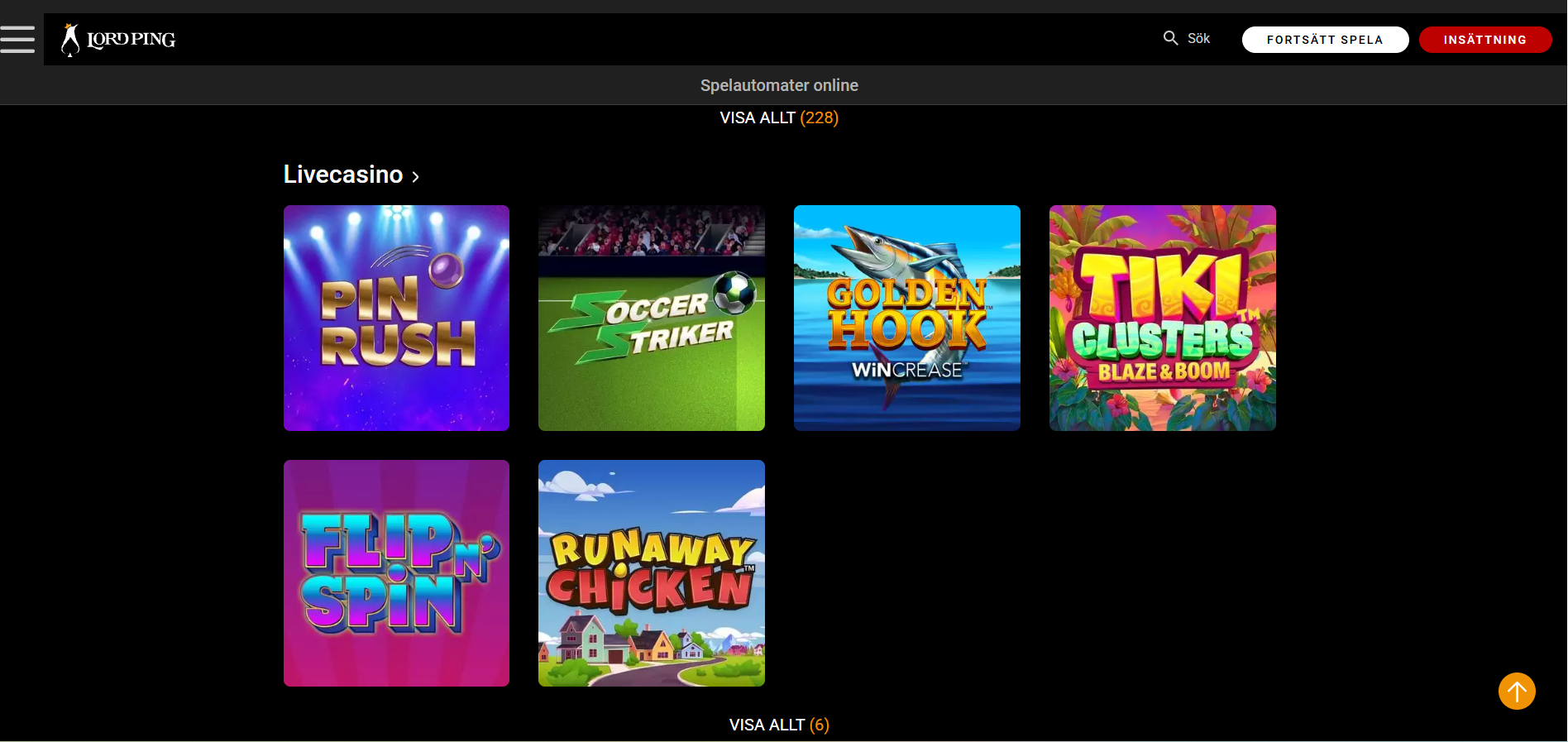 Lord Pings live casino med olika casinospel.