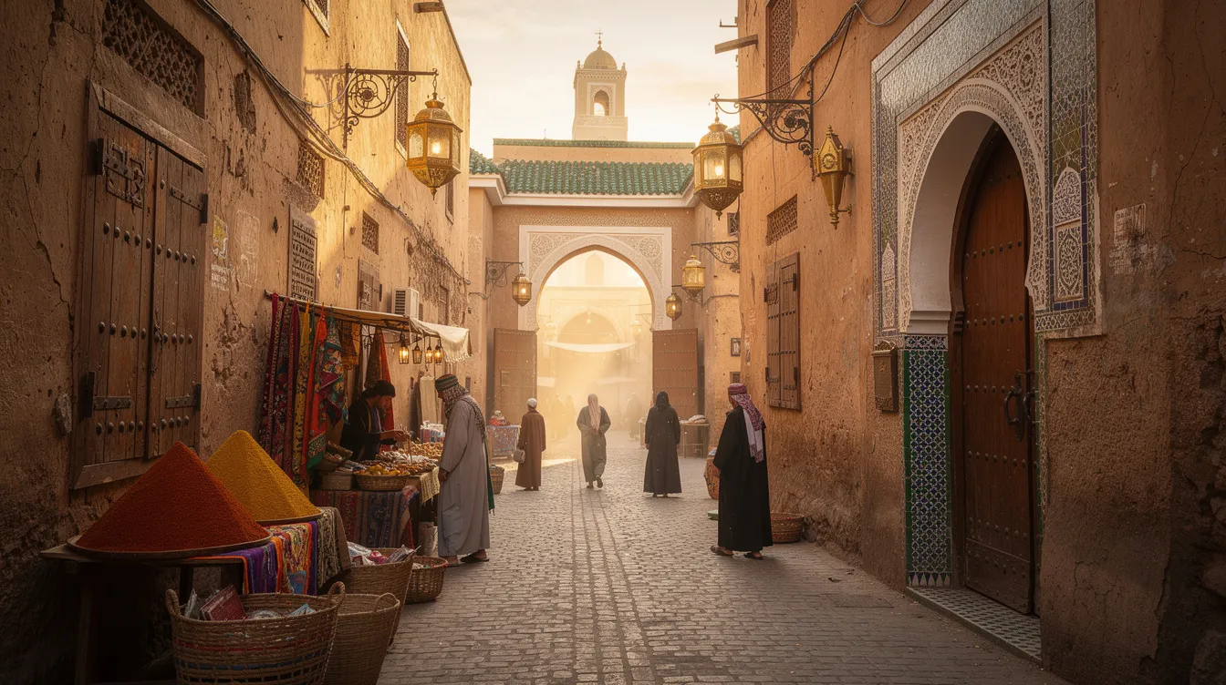 A imagem mostra a entrada do Palácio Real de Fez, em Marrocos, com suas impressionantes portas azuis ornamentadas e detalhes arquitetônicos que refletem a rica história da cidade. Ao fundo, pode-se ver a medina vibrante, repleta de vida e cultura, típica do destino turístico.