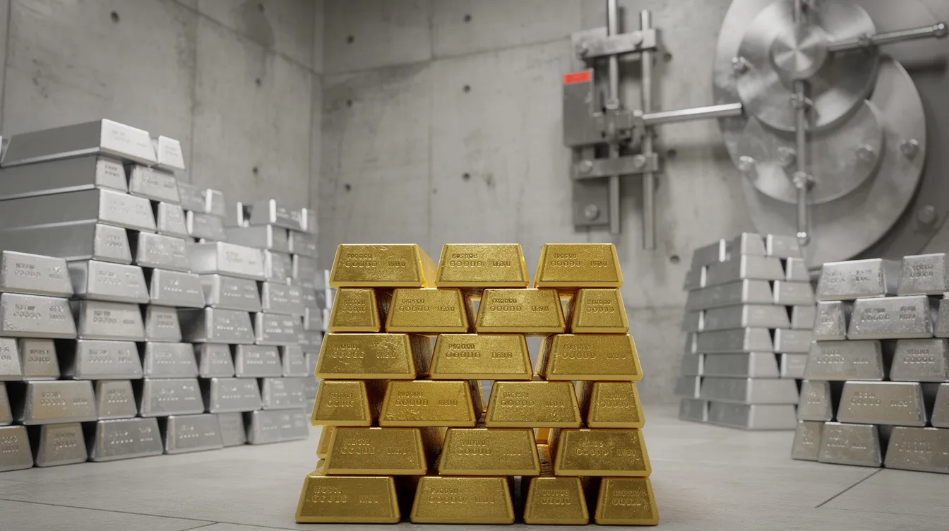 The image depicts stacks of gleaming gold and silver bars neatly arranged within a secure vault, symbolizing the world of precious metals investing. This secure setting highlights the importance of gold IRA companies and their role in safeguarding physical precious metals for retirement portfolios.