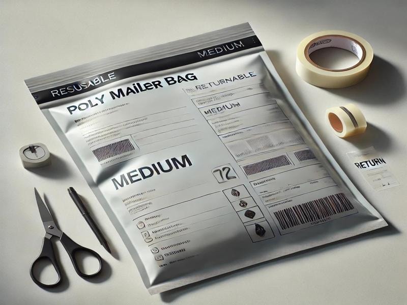 A reusable poly mailer bag lies on a white surface, surrounded by a pen, scissors, packing tape, and a return label. The bag is clean and unmarked, with two adhesive strips for reuse.