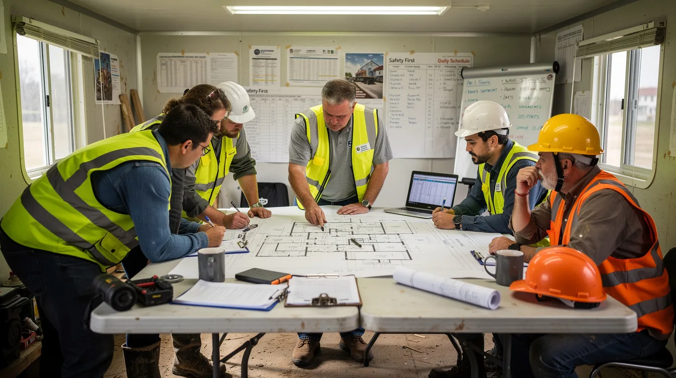 A construction team of project managers and contractors is gathered around a table in a jobsite trailer, reviewing project documents to assess potential risks and track progress on the construction project. They discuss strategies for managing construction risks, including financial and legal aspects, to ensure compliance and mitigate unforeseen challenges.
