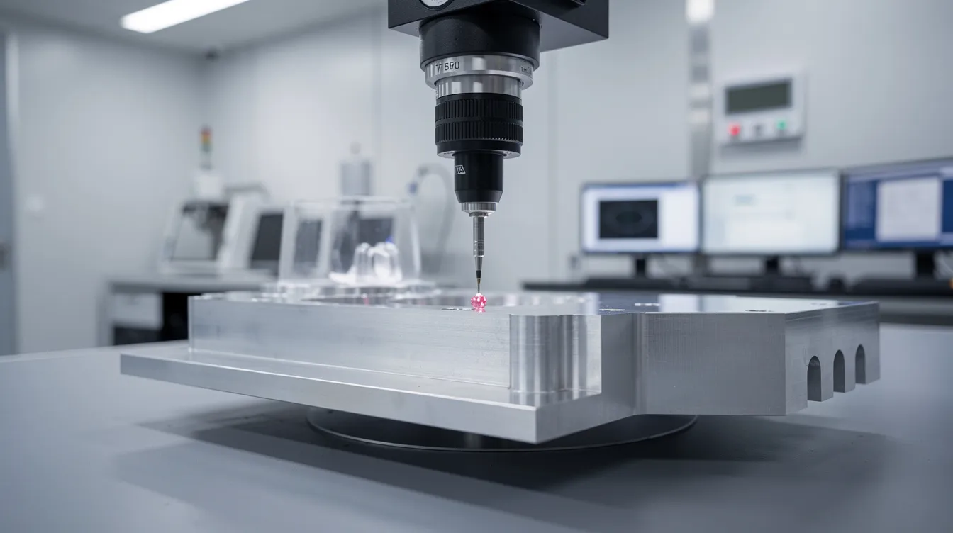 The image shows a coordinate measuring machine probe delicately touching a precision aluminum part inside a temperature-controlled inspection lab, highlighting the importance of tight tolerances in CNC machining services. This environment ensures high precision and quality for machined parts, essential for various industries.