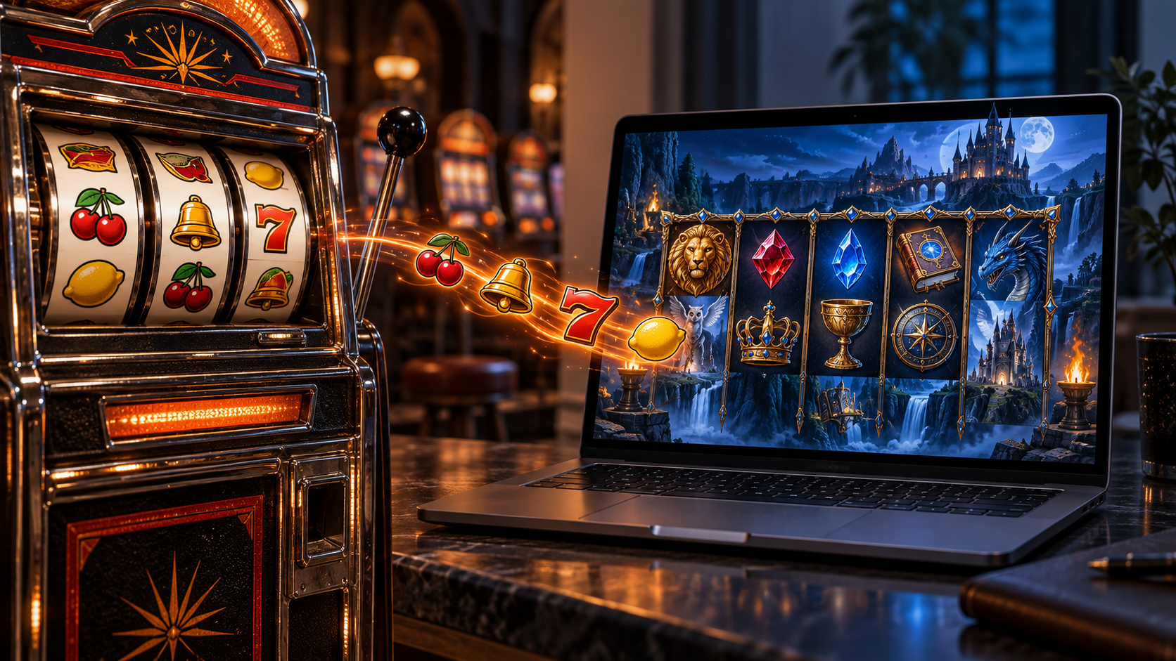 1. Vergelijking tussen een klassieke fysieke fruitautomaat en een moderne online videoslot op een laptop.