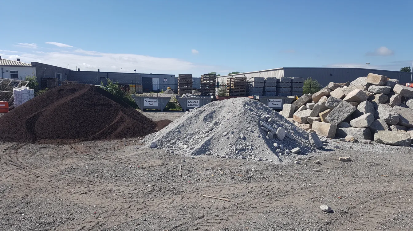 The image depicts a recycling depot on a sunny day, featuring separate piles of screened soil, crushed concrete aggregate, and reclaimed stone. This organized site emphasizes waste segregation, allowing for efficient waste removal and management, which is essential for ongoing projects involving inert materials.