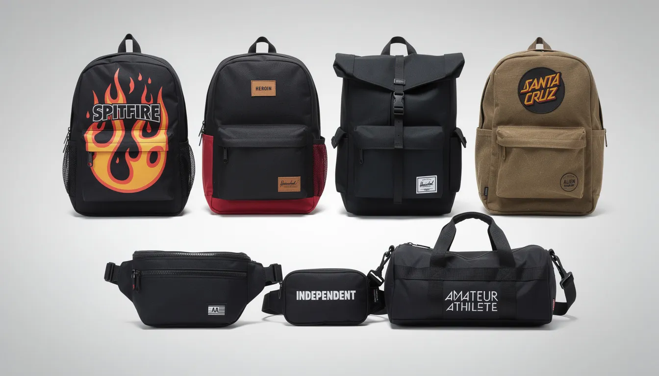 The image displays a variety of stylish backpacks available for purchase, showcasing different colors and sizes suitable for school or travel. Each backpack is designed to carry essentials like water bottles and small stuff, with details highlighting their features and price.