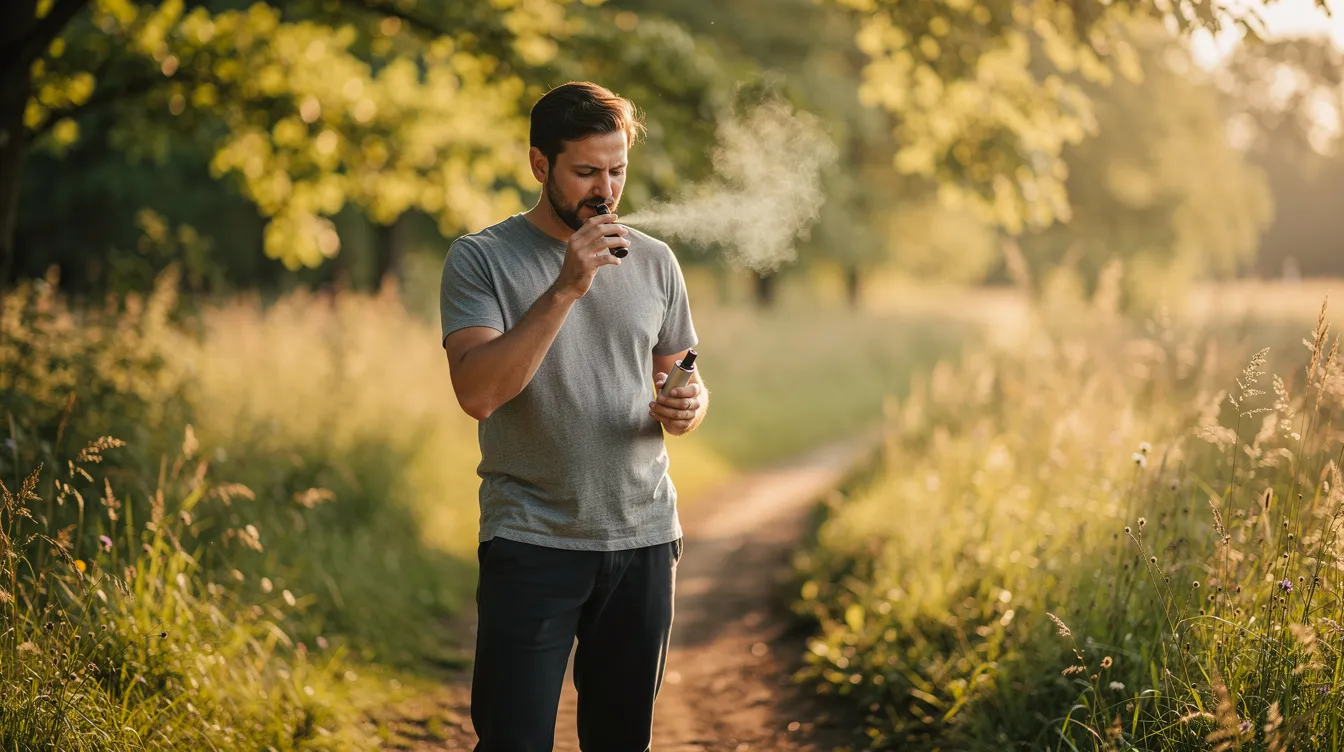 A person is using a portable dry herb vaporizer outdoors, surrounded by lush greenery, enjoying the fresh air while vaping. The device, known for its convection heating method, produces potent vapor, showcasing the best vapor quality in a natural setting.