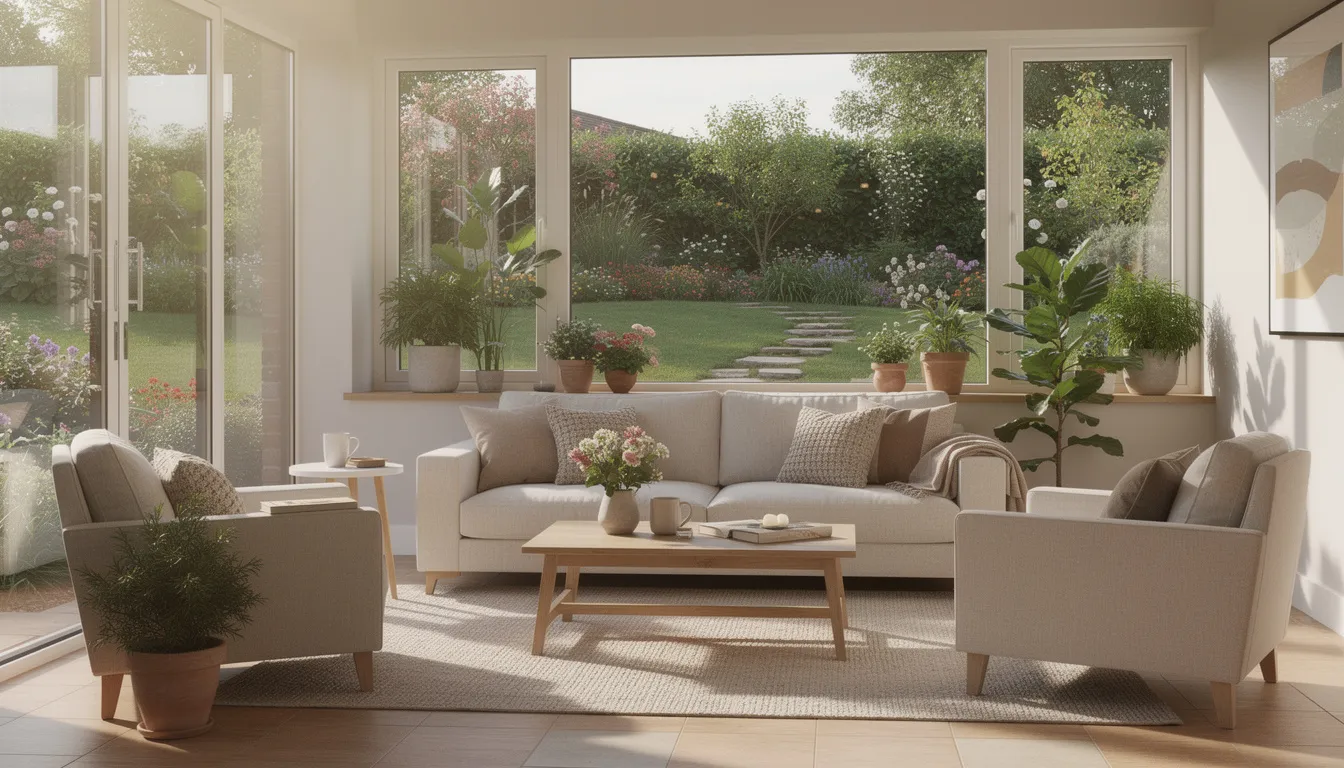 The image depicts a cozy sunroom interior featuring a comfortable seating area bathed in natural light from large glass panels, offering serene views of a lush garden. This inviting space is ideal for enjoying year-round comfort and can enhance property value along the Kapiti Coast, making it a perfect addition for many homeowners.