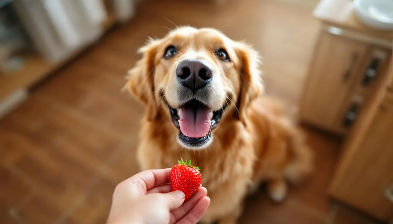 In a cozy kitchen, a joyful golden retriever eagerly awaits as fresh strawberries are offered to him, showcasing a delightful moment of sharing a healthy treat. These strawberries are not only a safe and healthy snack for dogs, but they also come with several health benefits, making them a great addition to a dog
