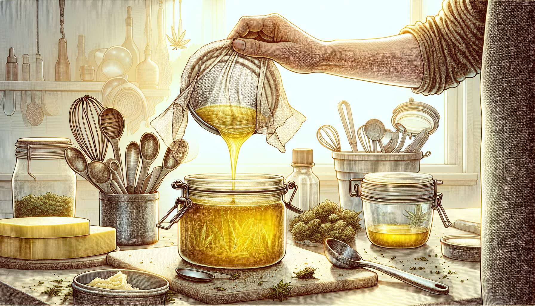 An illustration showing the straining and storing process of cannabis butter.