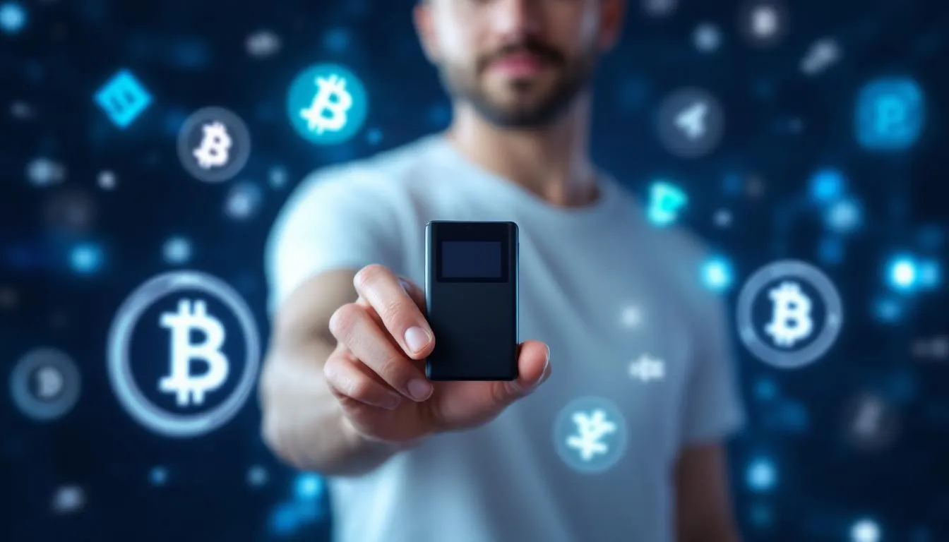 A person is holding a hardware wallet device, showcasing its compact design, with bitcoin symbols prominently displayed in the background, emphasizing the importance of secure crypto storage for managing digital assets and private keys offline.