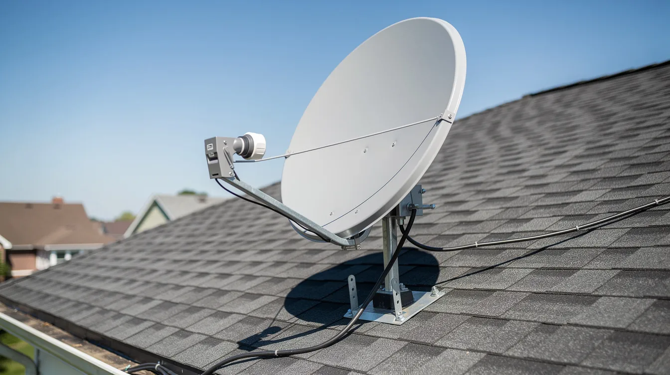 A professional satellite dish is securely mounted on a residential rooftop, set against a clear blue sky, showcasing a standard DSTV installation. This image highlights the importance of proper installation for optimal signal reception, essential for enjoying various DSTV packages in South Africa.