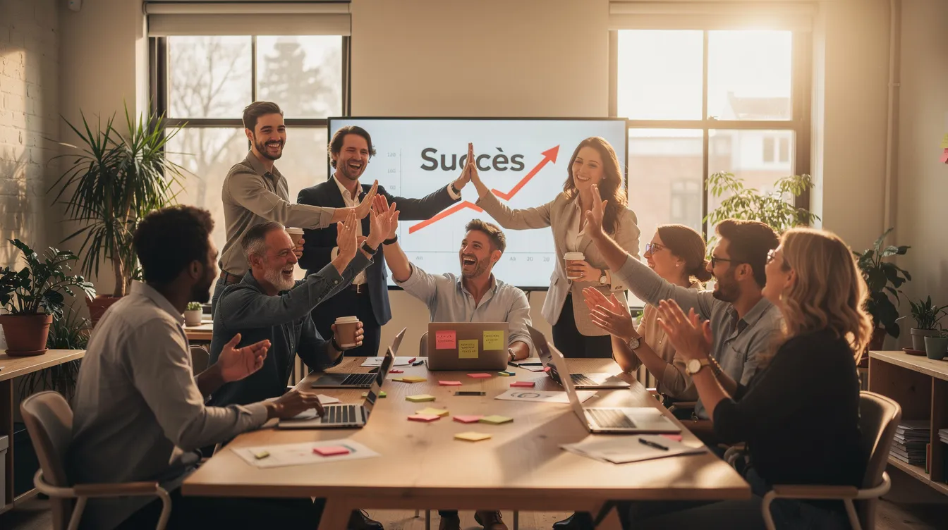 Une équipe souriante célèbre un succès ensemble dans un environnement de travail convivial, illustrant l'importance de l'estime de soi et du bien-être au sein des relations professionnelles. Les membres de l'équipe expriment leur confiance et leur satisfaction, renforçant ainsi leur sentiment de valeur et de réussite collective.