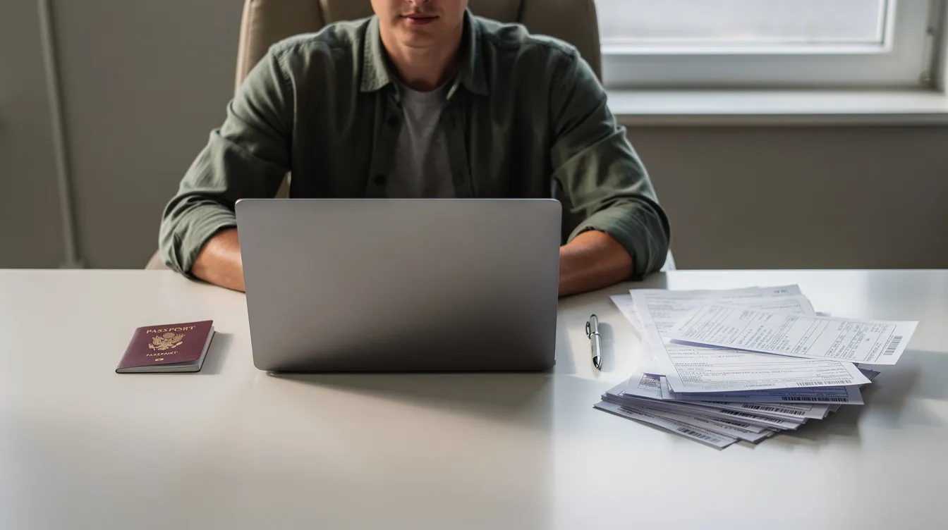An individual is seated at a desk, focused on a laptop while surrounded by a passport and printed bank statements, indicating they may be preparing to apply for a visa, such as a UK visa or Irish visa. The scene suggests a moment of organizing important documents required for travel to Ireland or the UK.