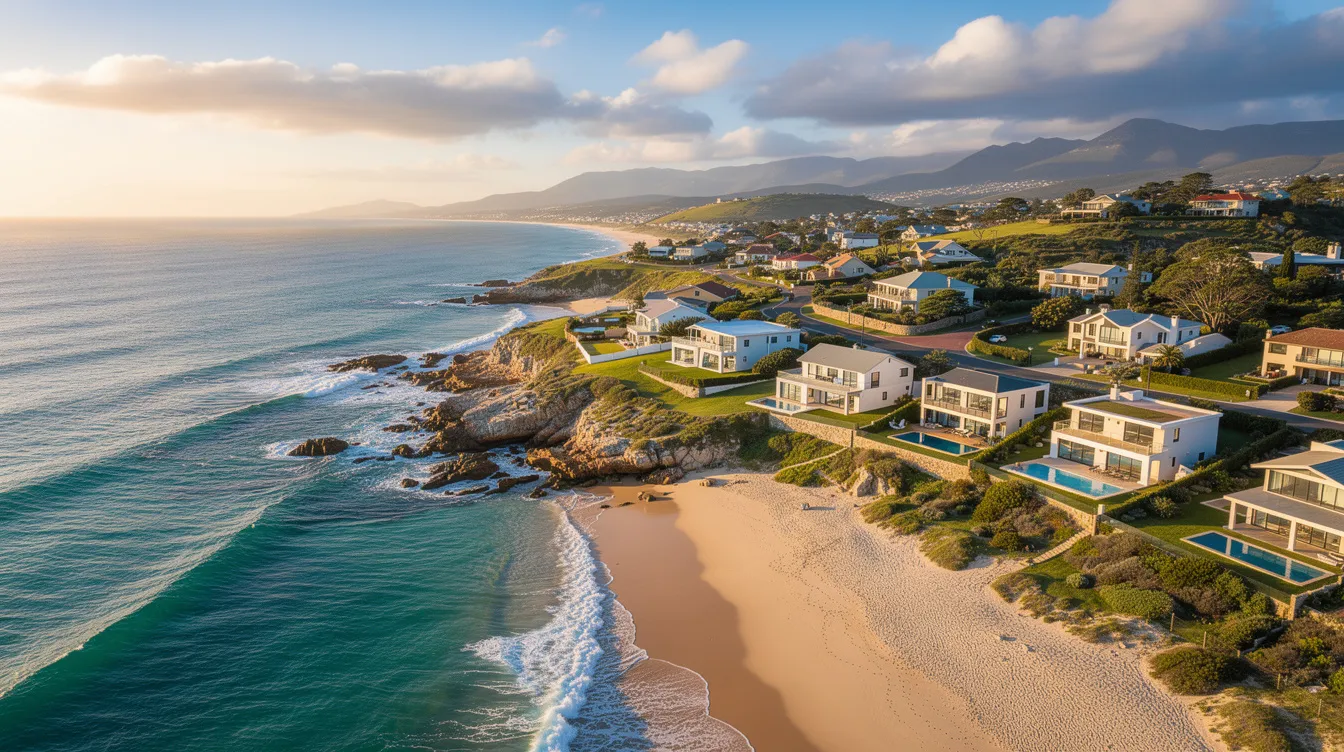 The image depicts the scenic coastline of Plettenberg Bay, showcasing beautiful residential properties nestled along the shore. This picturesque view highlights the area’s charm, where residents may seek professional DSTV installation services for crystal clear reception and uninterrupted entertainment.