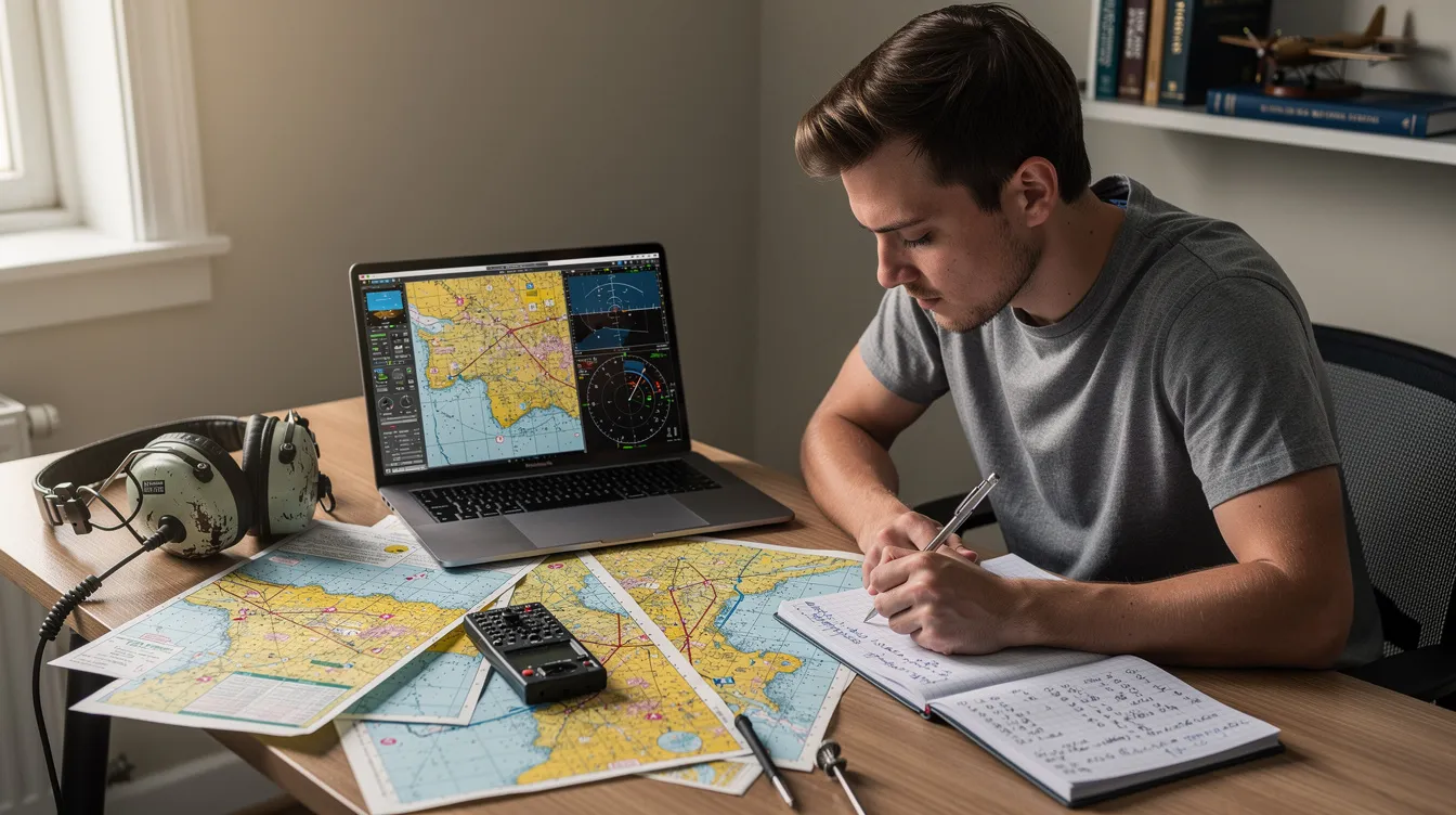 A student pilot is focused on a study session at a desk, surrounded by aviation charts and using a laptop to prepare for FAA knowledge exams. The materials include accurate instructional content and test tools for practicing questions and answers essential for the private pilot test.