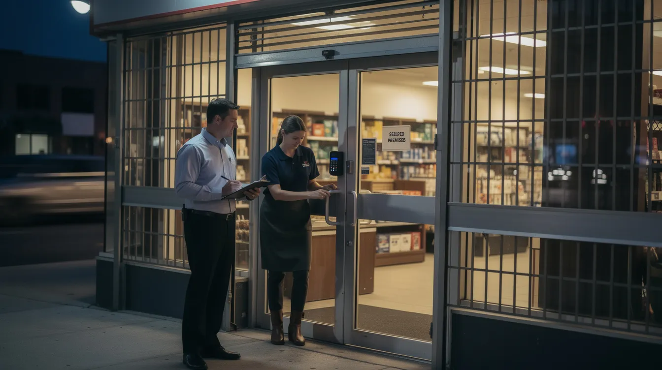 A store manager teaching an employee how to safely open and close a secured storefront entrance, ensuring safety and efficiency in times of crisis.