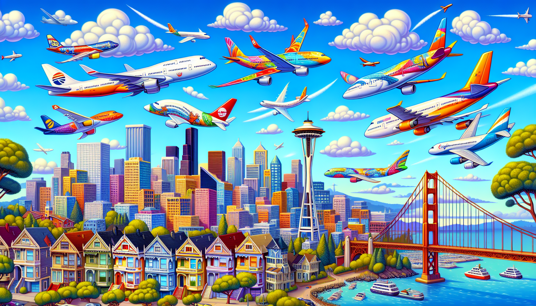 Illustration of popular airlines flying from Seattle to San Francisco.