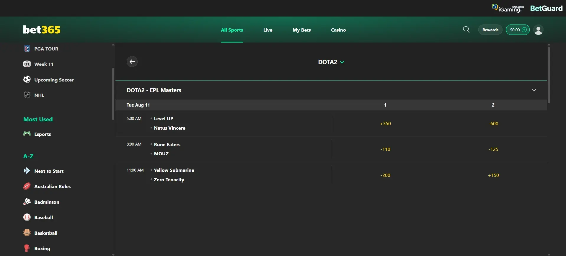 A desktop view screenshot of bet365's Dota 2 betting page.