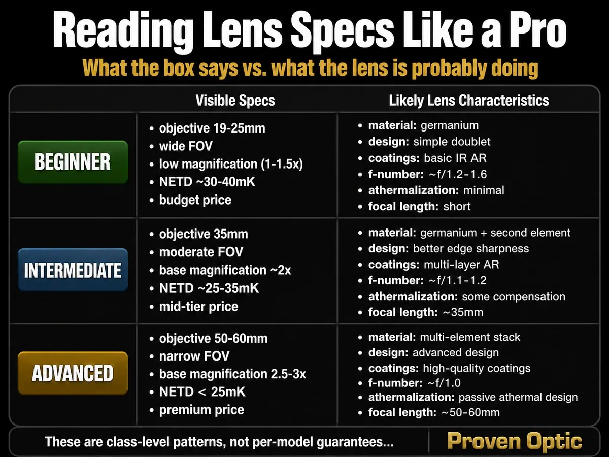 Infographic showing the general thermal scope industry lens data. There are always exceptions, but these inferences are a good starting point if information is missing from the datasheet.