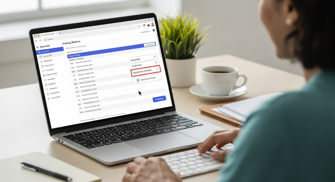 Teacher applying a single rubric score across grouped exam responses in a modern grading platform UI