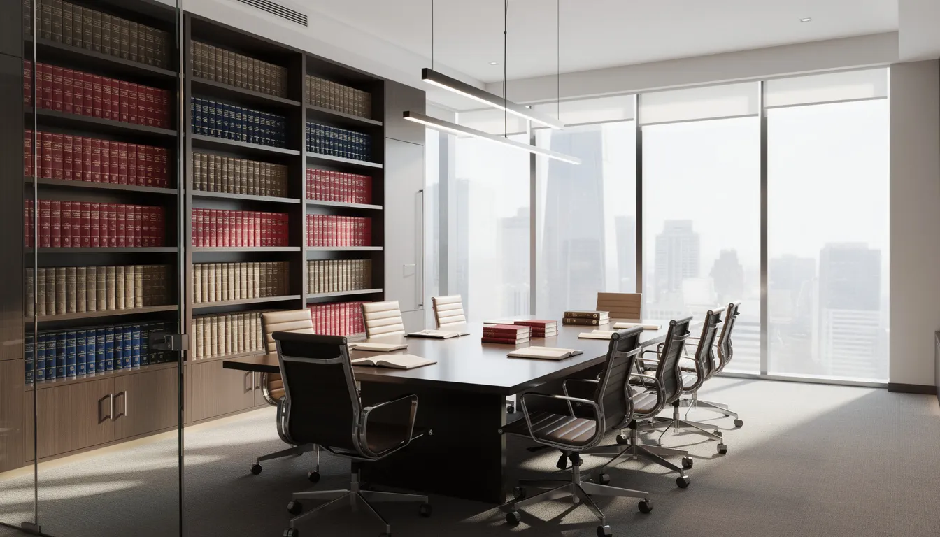 The image depicts a modern law office conference room, featuring a large table surrounded by comfortable chairs and shelves filled with legal books. This professional setting is ideal for discussions on probate litigation and estate planning, providing a space for attorneys to offer exceptional legal services to clients navigating probate matters.