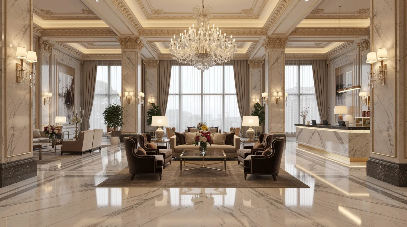 The image depicts a grand luxury hotel lobby featuring stunning marble flooring, an ornate chandelier, and an elegant seating area, embodying the opulence typical of five-star hotels. This luxurious setup highlights the significant hotel construction costs and design considerations essential in the hospitality industry.