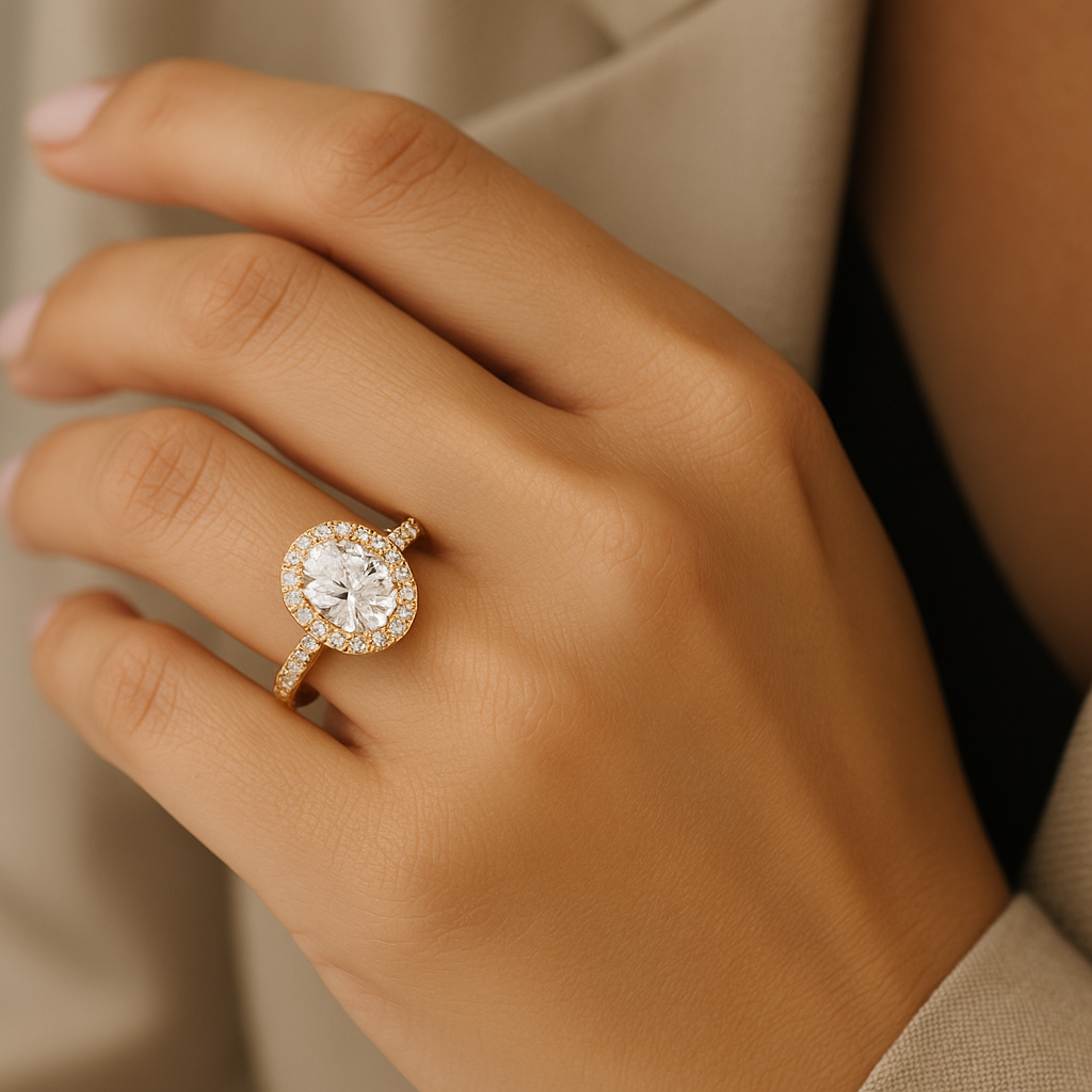 Halo sužadėtuvių žiedas raudono aukso – ovalus deimantas su briliantais ant stilingos moters rankos