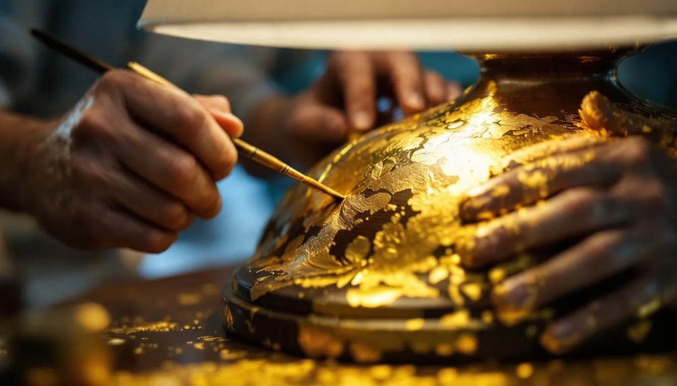 In der Nahaufnahme sind Handwerker zu sehen, die sorgfältig Blattgold auf eine elegante Tischlampe auftragen, wodurch das Design der Leuchte in einem warmen Glanz erstrahlt. Die Szene fängt die Detailverliebtheit und das handwerkliche Geschick ein, das in die Herstellung dieser hochwertigen Tischlampe fließt.