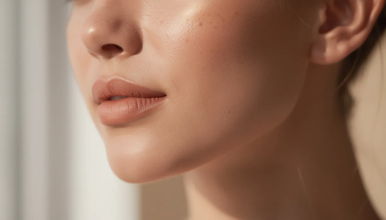The image features a close-up of a woman's face and neck, showcasing her healthy, radiant skin illuminated by soft natural lighting, highlighting the benefits of infrared sauna therapy for skin rejuvenation and improved circulation. The woman's complexion appears vibrant and smooth, emphasizing the positive effects of regular red light therapy sessions on skin tone and overall health.