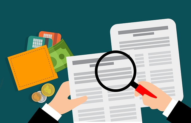 Travel agent cartoon with magnifying glass looking at cash flow statements