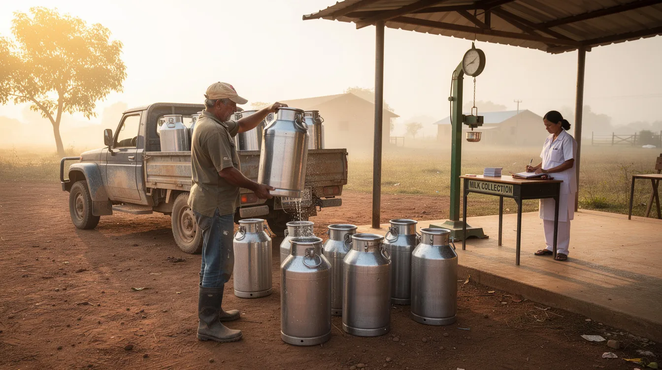1ab55ee6 0b51 4ed0 a93a 9534b452042c A dairy farmer is seen delivering fresh milk in shiny steel containers at a collection center, highlighting the importance of operational efficiency and effective working capital management in the dairy business. This scene reflects the daily operations involved in managing liquidity and meeting customer demand for quality products.