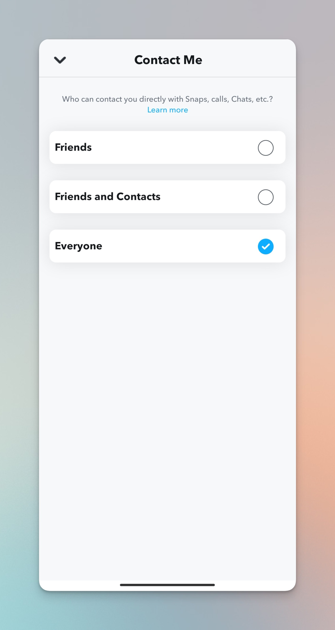 Remote.tools shows three options you can choose from for Contact Me setting on Snapchat