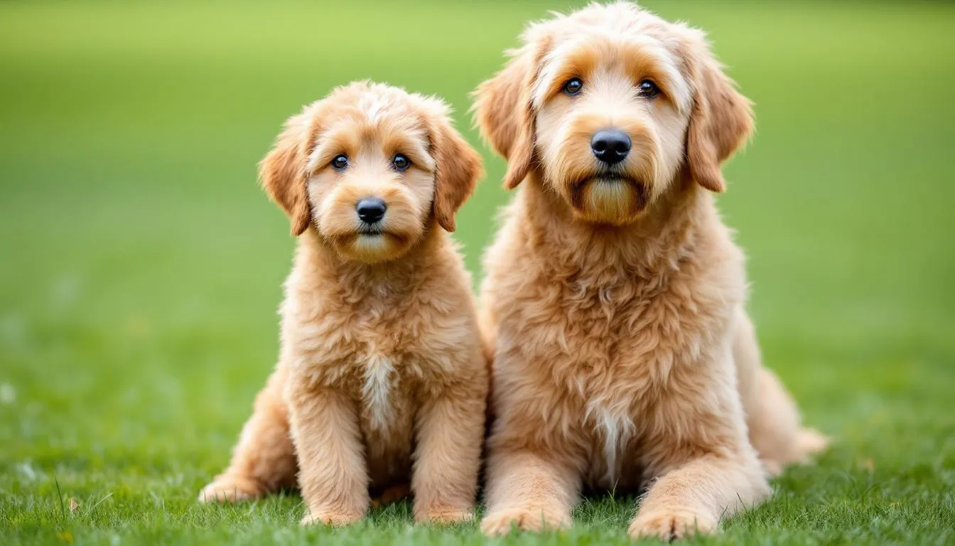A petite goldendoodle with a curly coat sits beside a larger standard goldendoodle, showcasing the size difference between the two. Both dogs exhibit a playful temperament, highlighting the charming characteristics of goldendoodles.