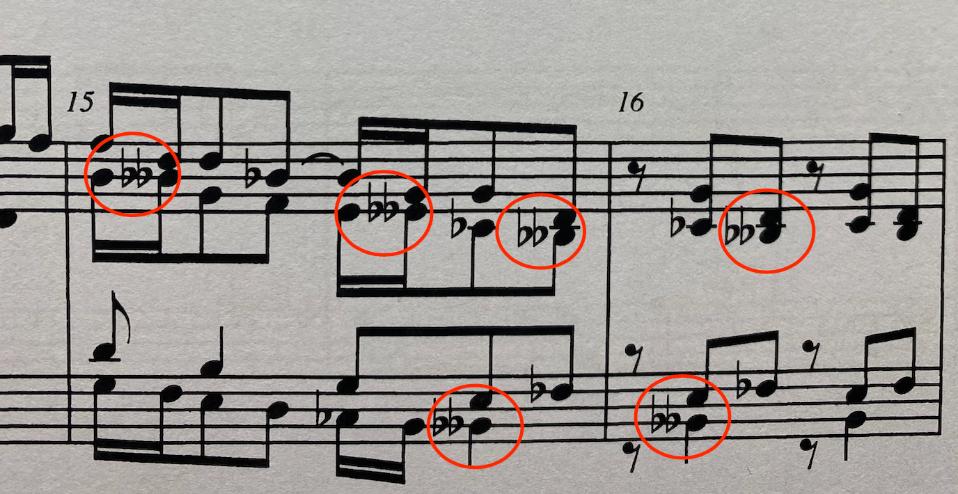 Double Flats in Claude Debussy's String Quartet Op. 10, 1893; Third Movement Opening