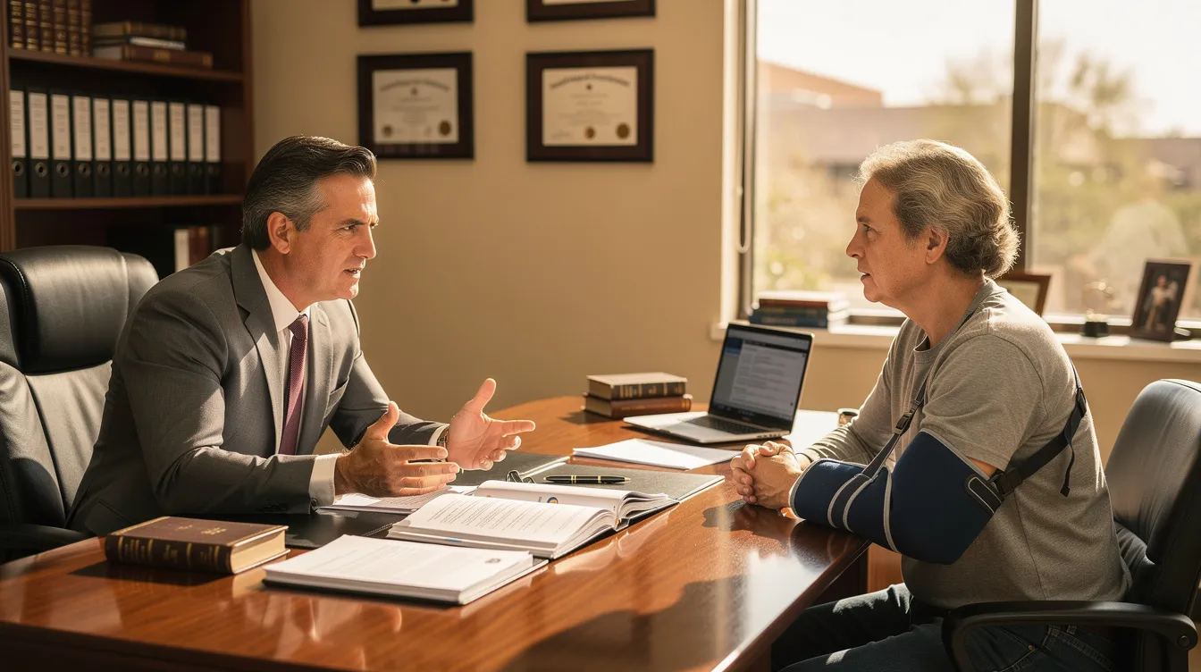 In a modern law office, a Phoenix personal injury attorney is engaged in a serious consultation with an injured accident victim, discussing important compensation and settlement documents. The warm natural lighting enhances the professional atmosphere, highlighting the legal paperwork on the desk that pertains to the personal injury claim.