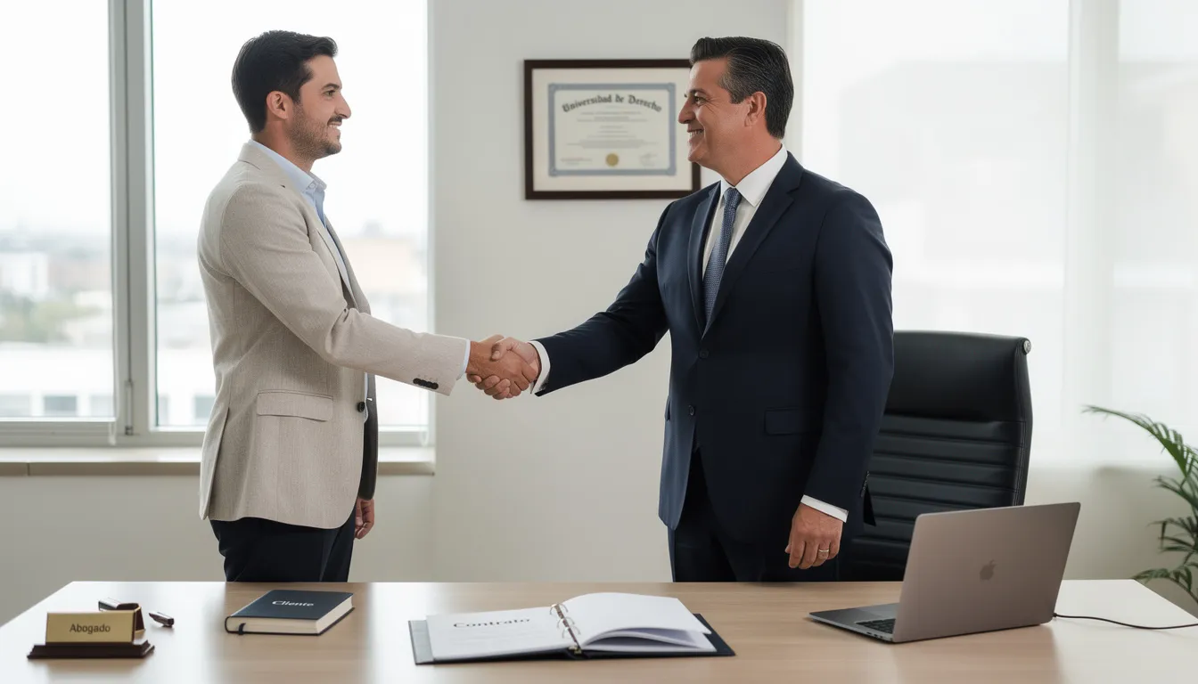 A professional accident attorney is shaking hands with a client in an office, symbolizing the beginning of their partnership in navigating the legal complexities after an automobile accident. This interaction highlights the importance of having an experienced abogado de accidentes automovilísticos in Houston to guide victims through their cases.