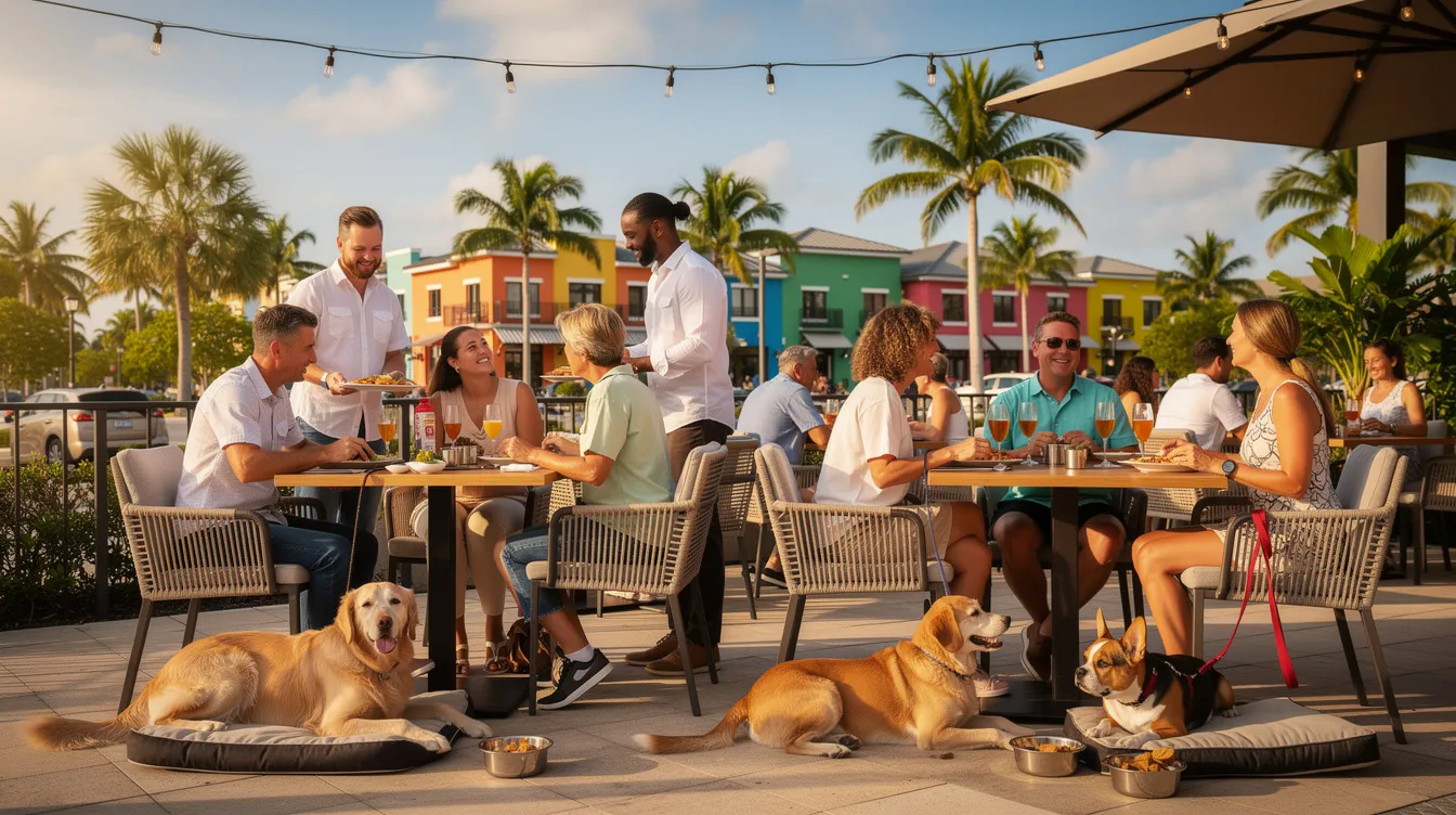 The image depicts a vibrant outdoor dining area at a dog-friendly restaurant in Fort Myers, featuring tables with cheerful patrons enjoying meals alongside their furry friends on leashes. The scene captures a lively atmosphere with fresh air, showcasing the perfect spot for locals and visitors to relax and enjoy quality time with their pets.