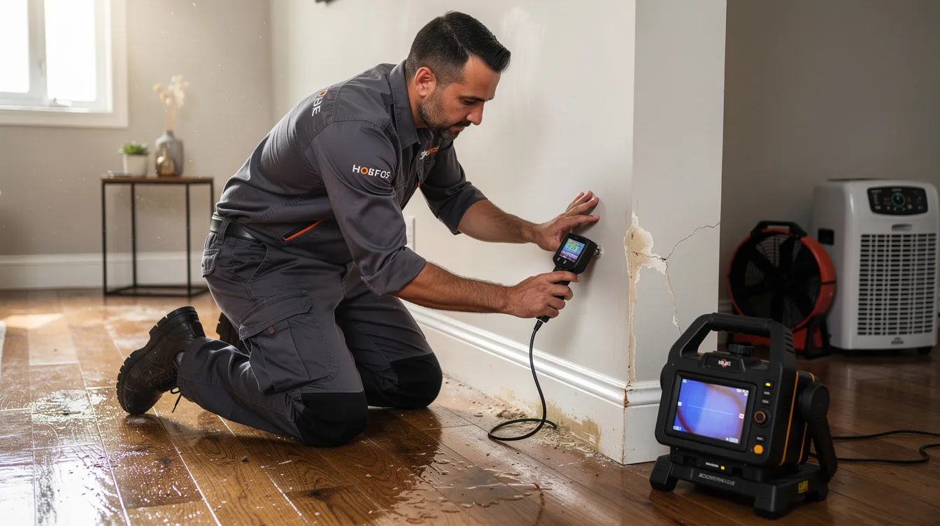 A professional restoration technician is inspecting water damage in a property, using moisture detection tools to assess affected areas and identify hidden moisture. This crucial step in the water restoration process aims to prevent further damage and mold growth, ensuring a complete recovery for Houston homeowners.