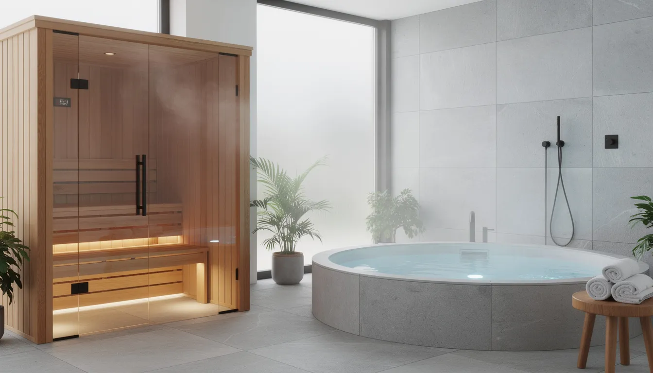 The image depicts a modern home spa area featuring a wooden sauna and a cold plunge tub, designed for contrast therapy. This setup promotes muscle recovery and enhances blood flow through alternating hot and cold temperatures, aiding in the healing process and alleviating muscle soreness.