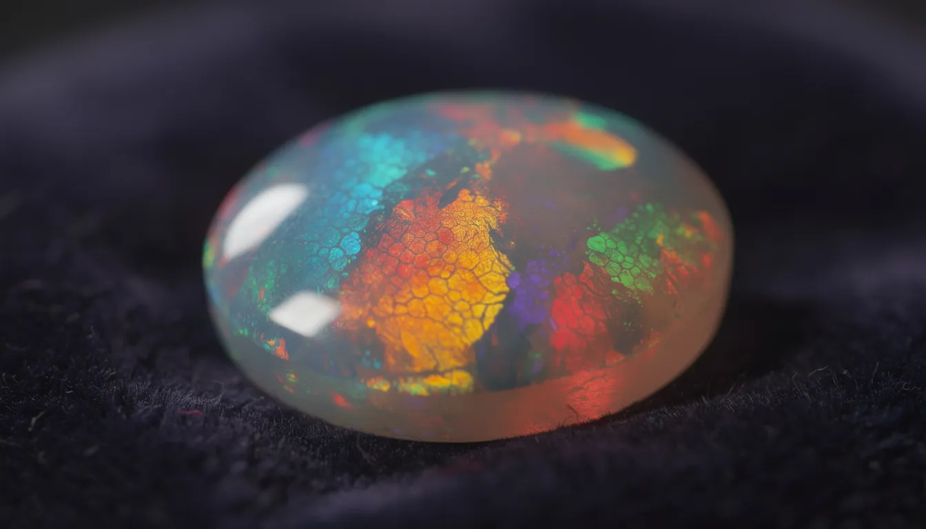 The image showcases a stunning array of opal gemstones, featuring their captivating rainbow colours and flashes that highlight their unique play-of-color. These beautiful birthstones, including varieties like white opal, black opal, and fire opal, are often set in opal jewellery such as rings and earrings, making them perfect gifts for those born in October.